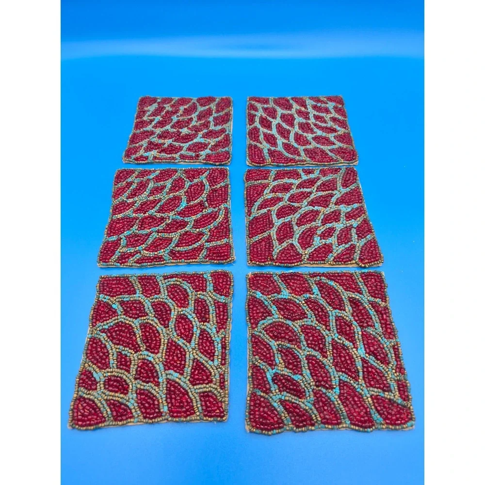 Vintage Beaded Coasters Set of 6 Red Turquoise Square Boho Table Decor